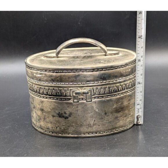 Vtg Vera Lucino Silver Hinged Box 2003 Zipper Detail Red Velvet Lining 5x4 Oval - Picture 6 of 8